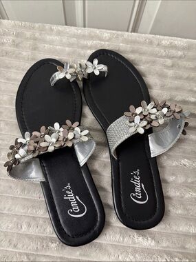 EUC Candies Silver and Black Floral Embellished Slide Sandals